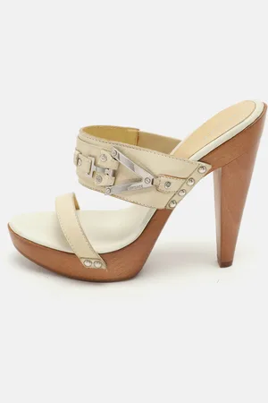 VERSACE Leather Wooden Platform Slide Sandals Size 38
