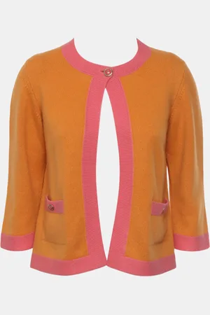 CHANEL /Pink Contrast Trimmed Knit Cardigan M
