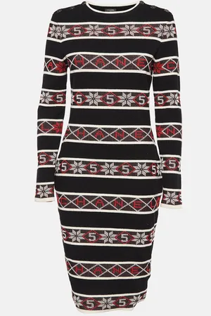 CHANEL Stipe Pattern Rib Knit Bodycon Dress M