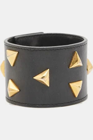 Saint Laurent Triangle Studs Leather Gold Tone Cuff Bracelet