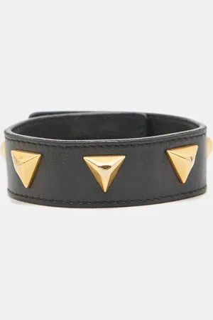 Saint Laurent Leather Triangle Studs Gold Tone Cuff Bracelet