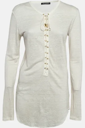 Balmain Off- Linen Knit Lace-Up Top M