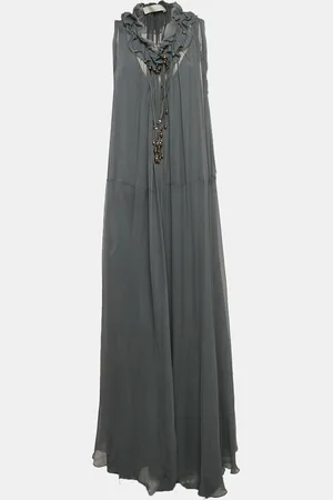 Chloé Anthracite Crepe Silk Beaded Maxi Dress L