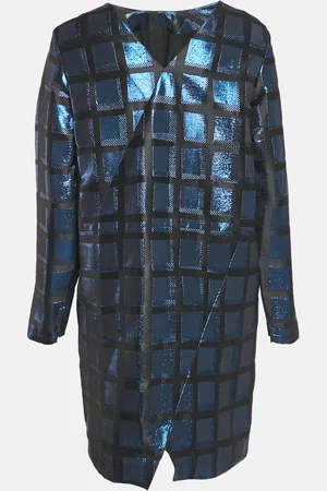 Kenzo Metallic /Black Square Jacquard V-Neck Shift Dress L