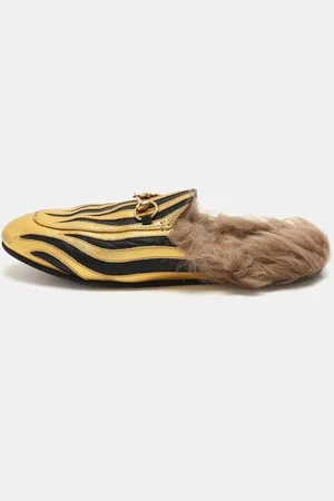 Gucci /Black Leather Princetown Fur Lined Horsebit Mules Size 38