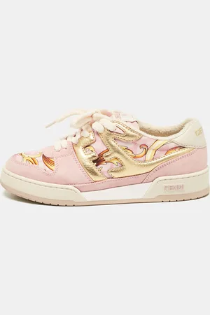 Fendi /Gold Leather and Suede Fendace Lace Up Sneakers Size 38