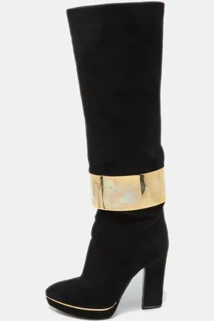 Sergio Rossi Suede Metal Cuff Platform Knee Length Boots Size 34.5