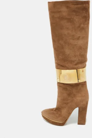 Sergio Rossi Light Suede Metal Cuff Platform Knee Length Boots Size 36