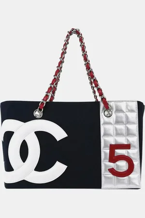 CHANEL Navy Silver Canvas No.5 Choco Bar Tote Handbag