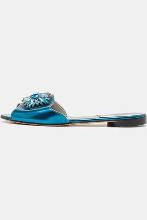 Gina Leather Crystal Embellished Flat Sandals Size 37