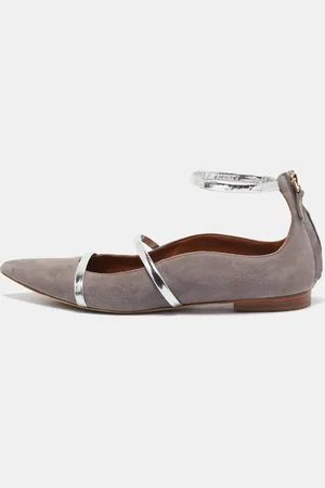 MALONE SOULIERS /Silver Suede and Leather Ankle Strap Ballet Flats Size 39.5