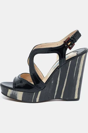Prada Patent Leather Wooden Wedge Ankle Strap Sandals Size 37