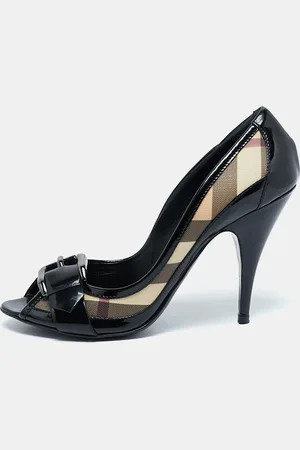 Burberry /Beige Canvas and Patent Leather Peep Toe Pumps Size 41