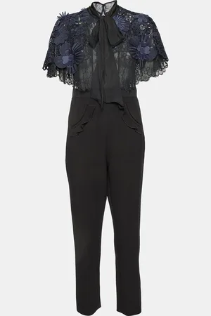 Self-Portrait /Blue Cady & Lace Ruffled Tie-Neck Jumpsuit M