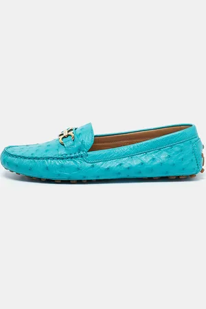 Salvatore Ferragamo Turquoise Ostrich Leather Saba Loafers Size 40.5