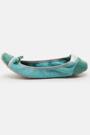 Prada /Turquoise Perforated Suede and Patent Bow Scrunch Ballet Flats Size 36