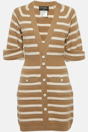 CHANEL /Ivory Stripe Cashmere Knit Button Front Mini Sweater Dress M