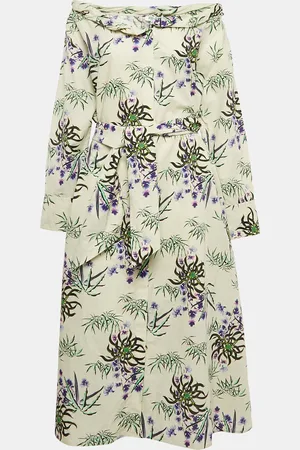 Kenzo Floral Print Cotton Blend Collar Roll Midi Dress L