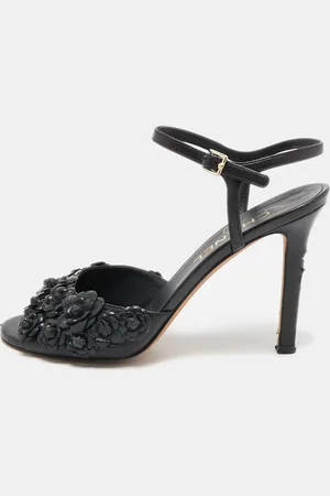 CHANEL Leather Camellia Applique Ankle Strap Sandals Size 37.5