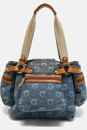 Salvatore Ferragamo Gancini Print Denim and Leather Multiple Pocket Shoulder Bag