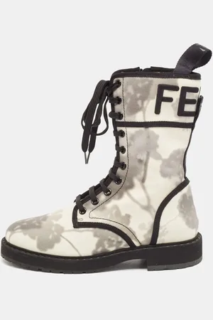 Fendi Two Tone Canvas Floral Print Logo Bi-Color Biker Boots Size 36