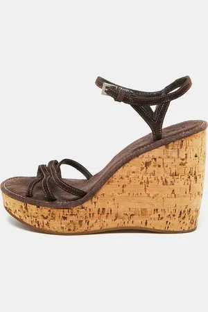 Prada Dark Suede Cork Platform Wedge Ankle Strap Sandals Size 38.5