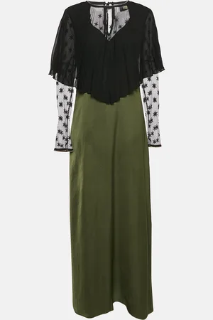 Roberto Cavalli /Black Satin and Nylon Pleated Cape Detail Maxi Dress M