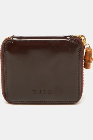 Gucci Dark Leather Compact Bamboo Zip Around Wallet