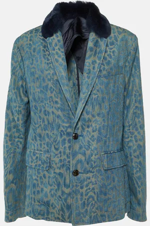 VERSACE Leopard Pattern Denim Fur Trim Jacket M
