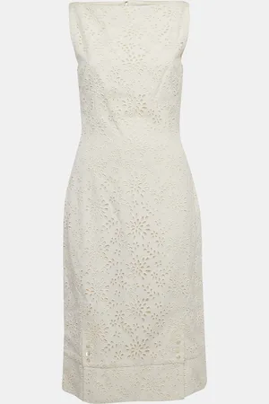 Dior Christian Ivory Broderie Anglaise Crepe Sleeveless Shift Dress L