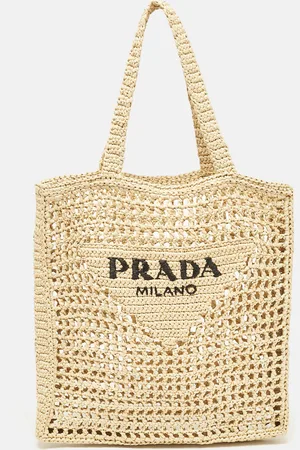 Prada Natural Straw Crochet Logo Vertical Tote