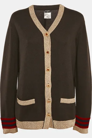 CHANEL Cashmere Button Front Lurex Contrast Cardigan M