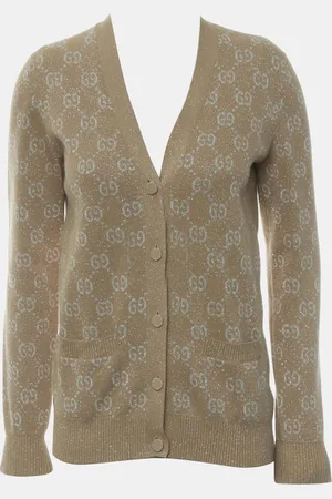 Gucci Light Brown, Camel, Cotton, Metallised Fiber, GG Jacquard Cardigan XS
