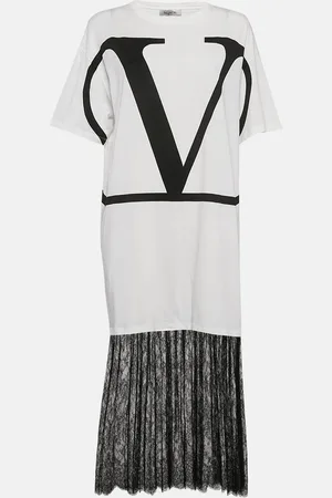 VALENTINO Logo Print Cotton Knit and Lace Flared Midi Dress M