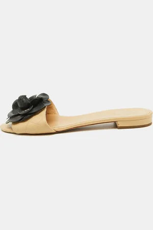 CHANEL Leather CC Camellia Flat Slide Sandals Size 39
