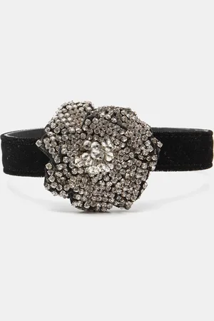 CHANEL Giuseppe Velvet Leather Crystal Beads Silver Tone Choker Necklace