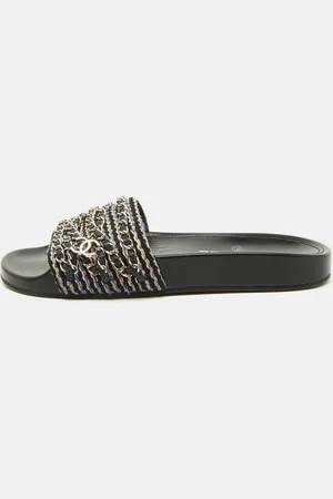 CHANEL Tweed Fabric Tropiconic Chain Link Flat Slides Size 38