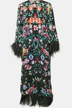 VALENTINO Garden Print Silk Feather Trimmed Crepe De Chine Long Dress M