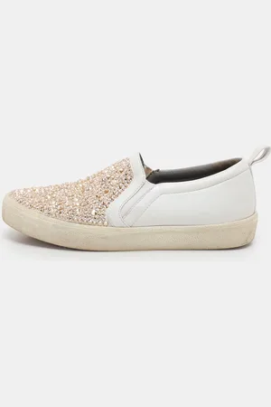Gina /Beige Leather and Satin Crystal Embellished Slip On Sneakers Size 38