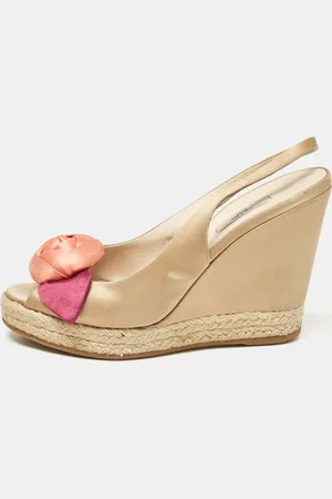 Prada Gold Satin Embellished Slingback Wedge Sandals Size 37