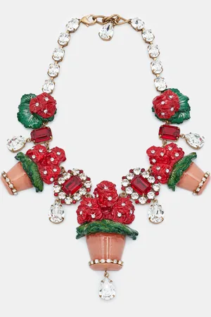 Dolce & Gabbana Crystal Geranium Pot Flower Necklace Chocker Tone Red Green Necklace