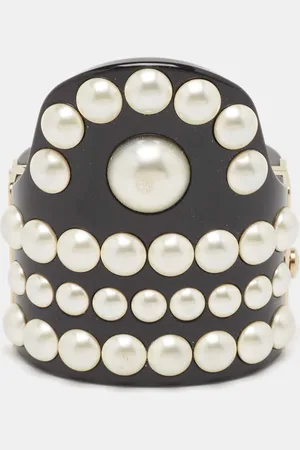 CHANEL CC Resin Faux Pearls Embedded Asymmetric Cuff Bracelet