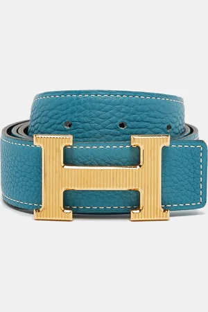 Hermès Bleu Jean/Noir Togo and Chamonix Leather H Striee Buckle Reversible Belt 85 CM