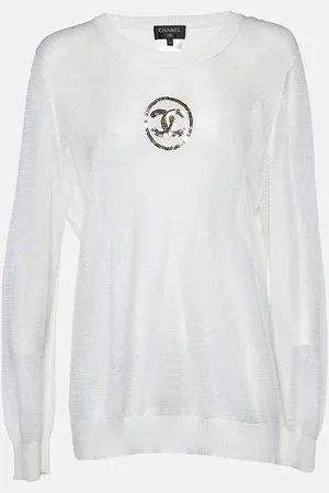 CHANEL Off- Knit Sequin Logo Detail Full Sleeve Sweater L