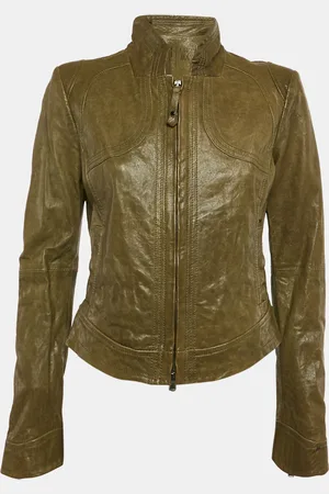 Emporio Armani Jeans Olive Leather Zip-Up Jacket M
