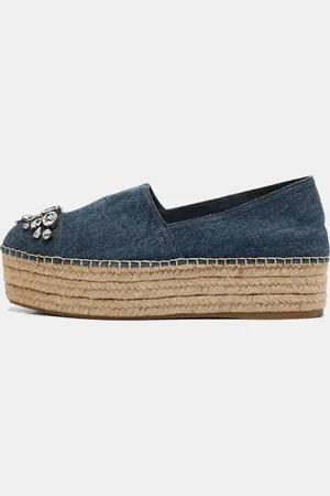 Miu Miu Denim Crystal Embellished Platform Espadrille Flats Size 40