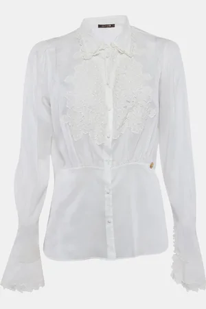 Roberto Cavalli Off- Cambric Cotton Floral Lace Trimmed Blouse L