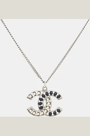 CHANEL CC Enamel Faux Pearl Tone Pendant Necklace