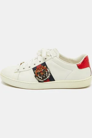 Gucci Leather and Snakeskin Embossed Ace Web Lace Up Sneakers Size 37