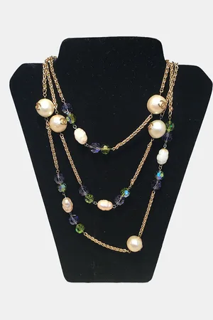 CHANEL Vintage Large Pearls And And Purple Crystal Bead Gold Necklace